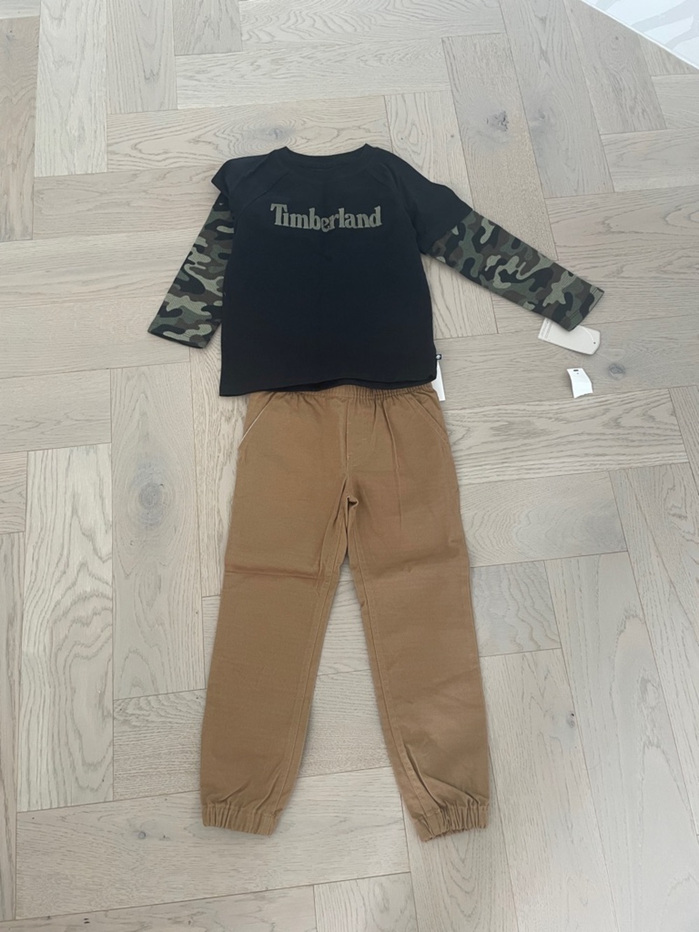 Timberland Black Top with Camo Sleeves & Brown Joggers